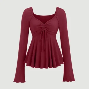 V-Neck Drawstring Long Sleeve Top In Maroon