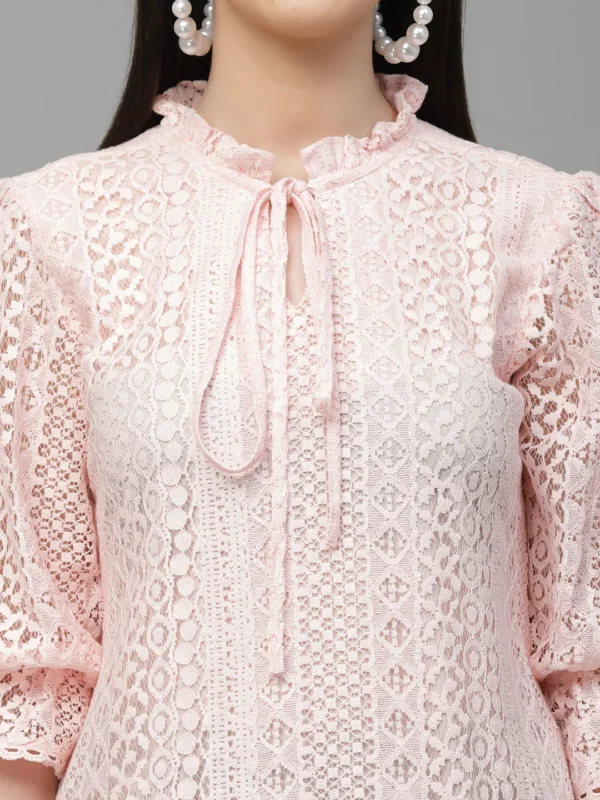 Women Peach Self Design Lace Regular Smart Casual Top - Image 3