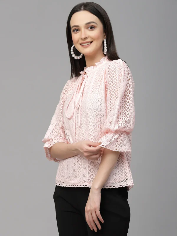 Women Peach Self Design Lace Regular Smart Casual Top - Image 4