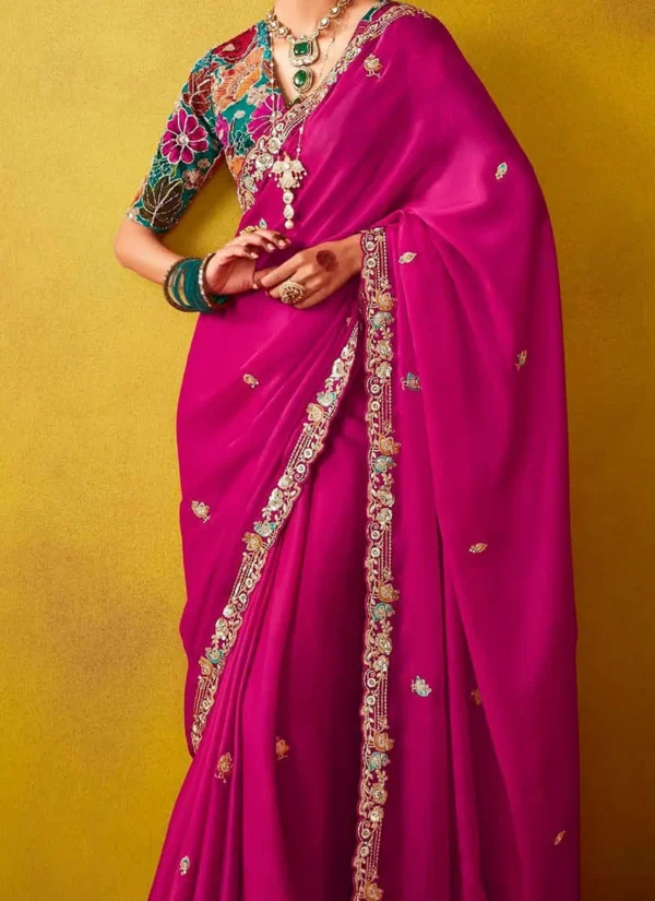 Pink Tissue Silk Embroidered Sequins With Beads Work Saree For A Luxurious Look Wedding Wear - Image 4