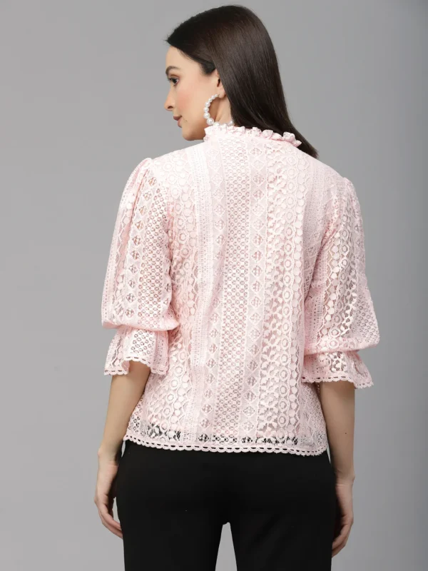 Women Peach Self Design Lace Regular Smart Casual Top - Image 5
