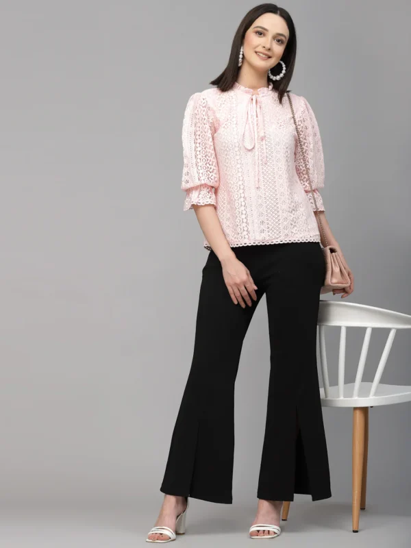 Women Peach Self Design Lace Regular Smart Casual Top - Image 6