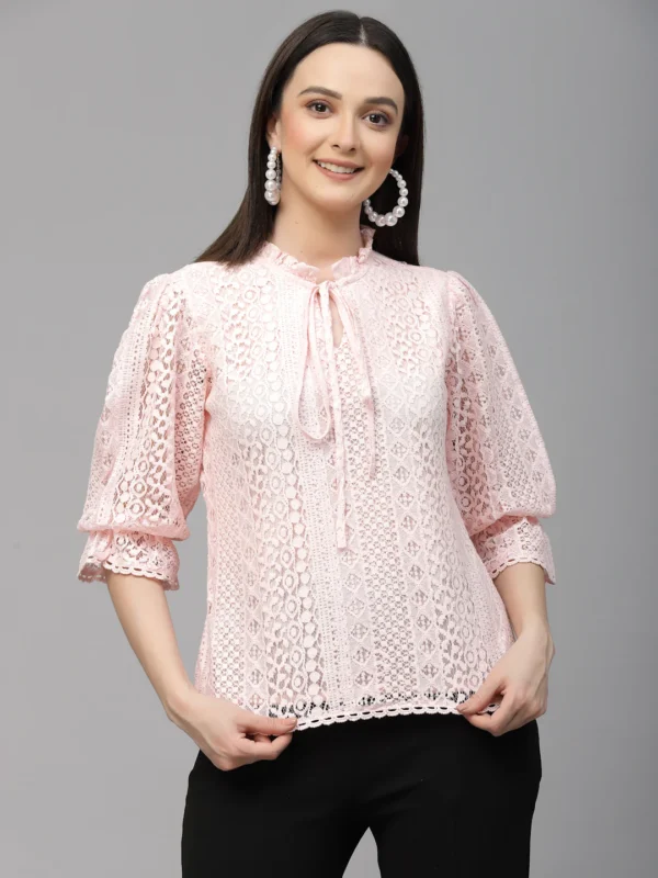 Women Peach Self Design Lace Regular Smart Casual Top - Image 8