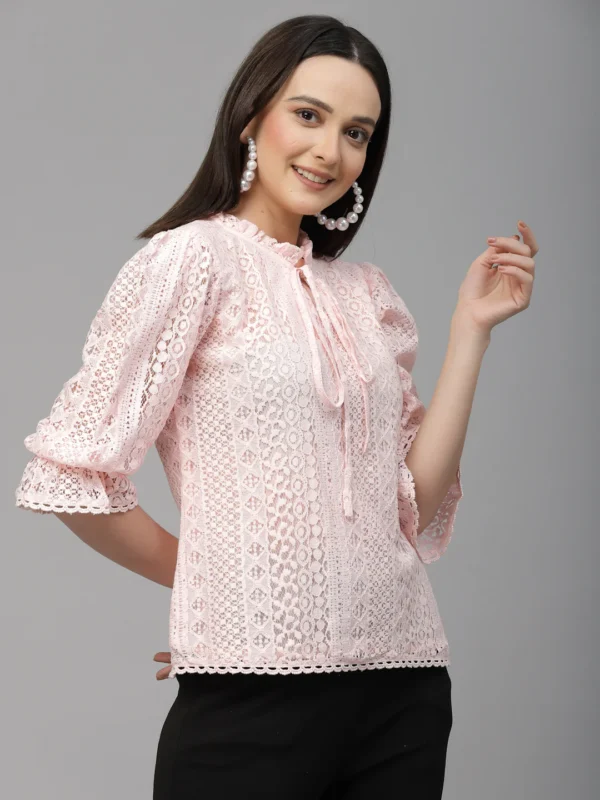 Women Peach Self Design Lace Regular Smart Casual Top - Image 9