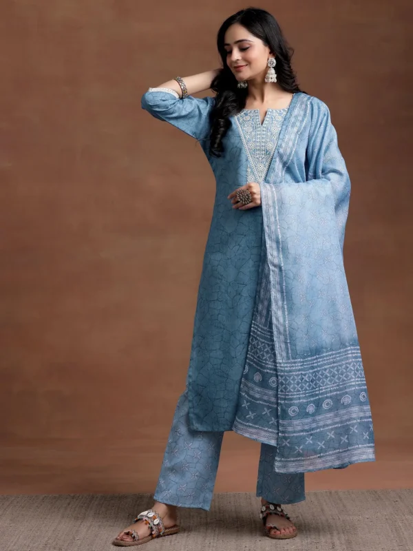 Women Blue Yoke Design Cotton Straight Suit With Dupatta