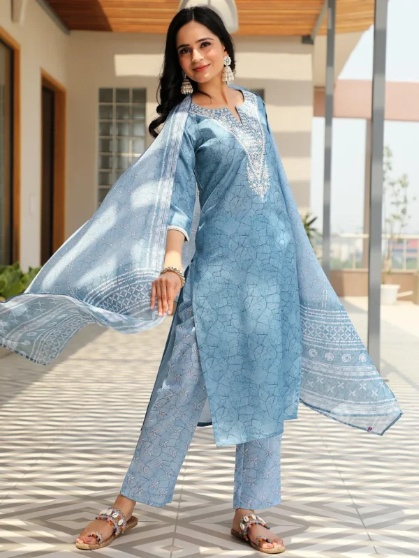 Women Blue Yoke Design Cotton Straight Suit With Dupatta - Image 7
