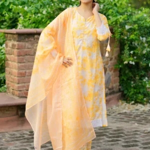 Women Yellow Embroidered Cotton Blend Straight Suit With Dupatta