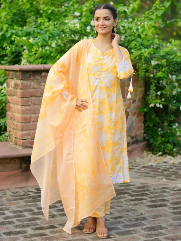 Women Yellow Embroidered Cotton Blend Straight Suit With Dupatta
