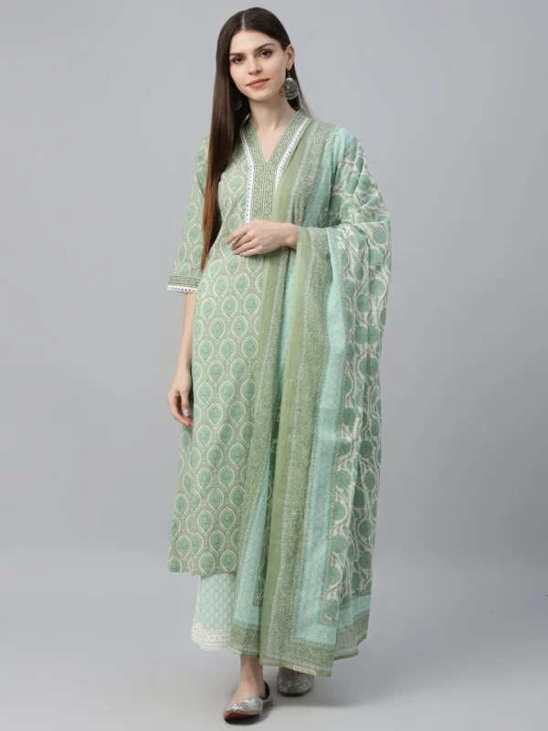 Women Green Printed Cotton Straight Suit With Dupatta - Image 7