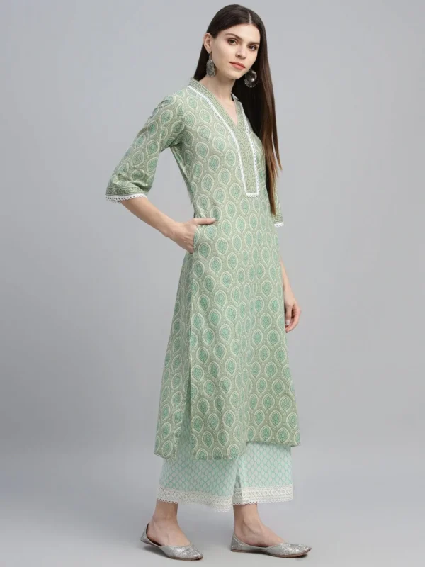 Women Green Printed Cotton Straight Suit With Dupatta - Image 6