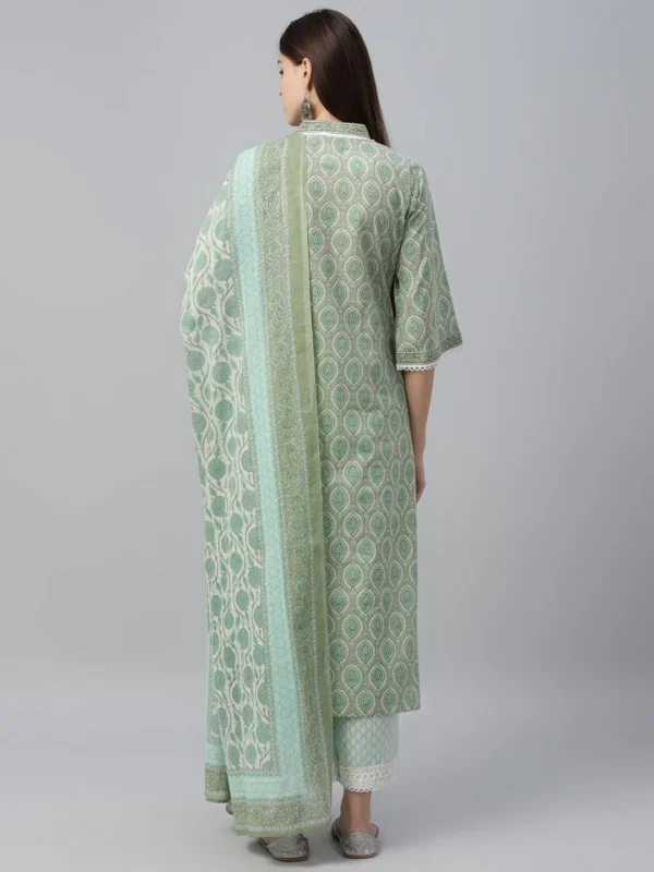 Women Green Printed Cotton Straight Suit With Dupatta - Image 5