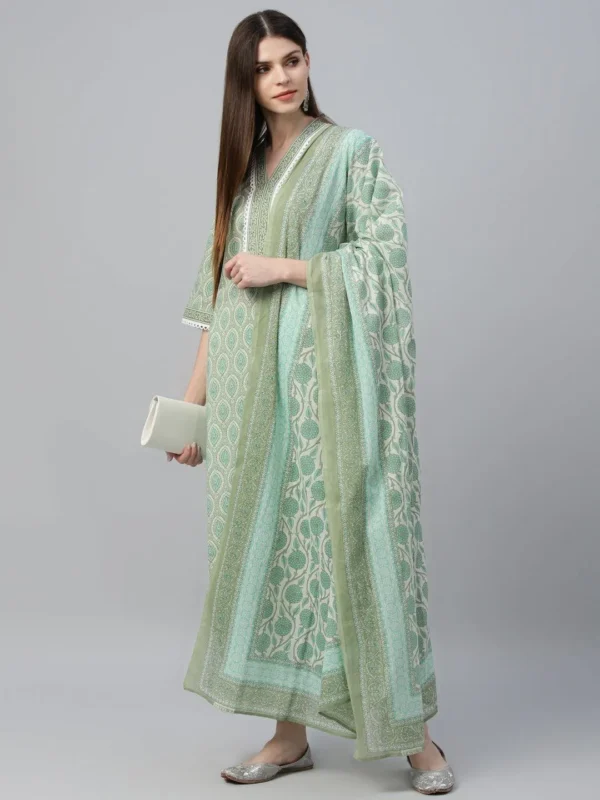 Women Green Printed Cotton Straight Suit With Dupatta