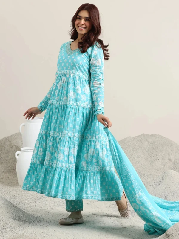 Women Blue Printed Cotton Anarkali Suit With Dupatta - Image 6