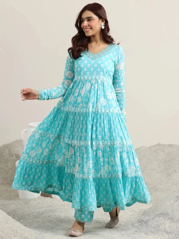 Women Blue Printed Cotton Anarkali Suit With Dupatta