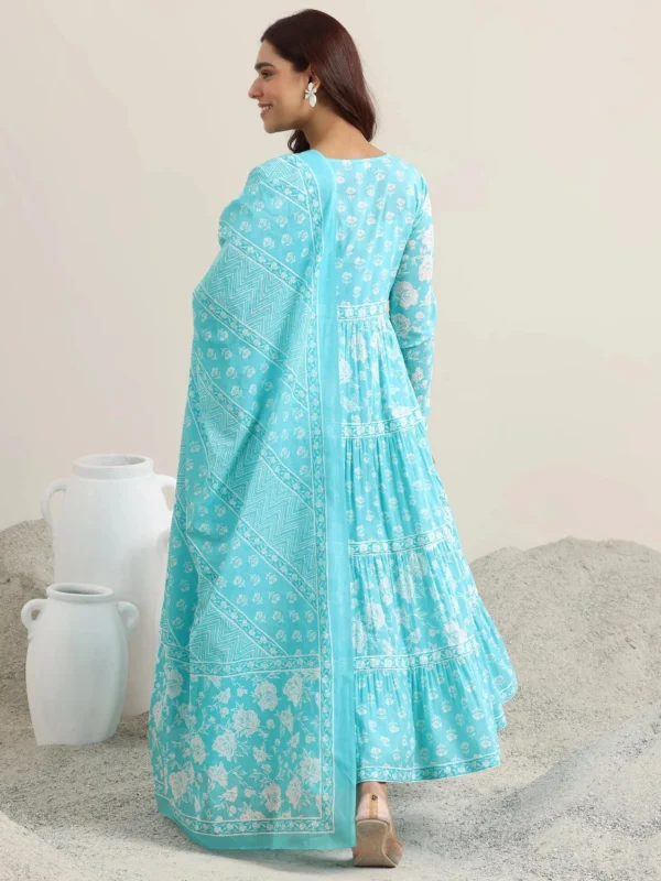 Women Blue Printed Cotton Anarkali Suit With Dupatta - Image 4
