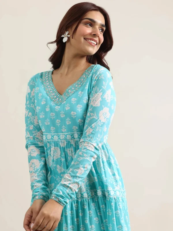 Women Blue Printed Cotton Anarkali Suit With Dupatta - Image 2