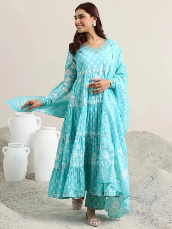 Women Blue Printed Cotton Anarkali Suit With Dupatta - Image 3