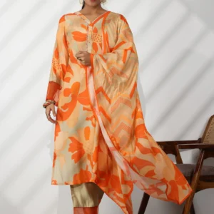 Women Grey Printed Cotton Blend Straight Suit With Dupatta