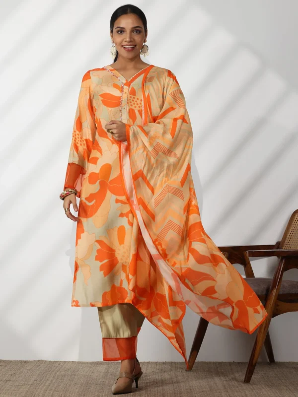 Women Grey Printed Cotton Blend Straight Suit With Dupatta