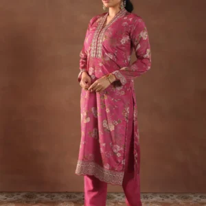 Women Pink Printed Silk Blend Straight Suit With Dupatta