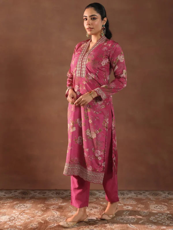 Women Pink Printed Silk Blend Straight Suit With Dupatta