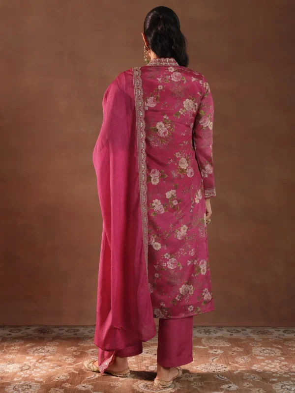 Women Pink Printed Silk Blend Straight Suit With Dupatta - Image 4
