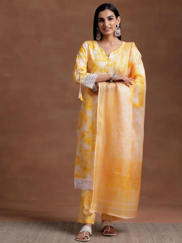 Women Yellow Embroidered Cotton Blend Straight Suit With Dupatta - Image 3