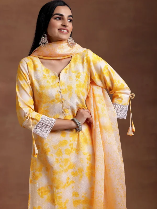 Women Yellow Embroidered Cotton Blend Straight Suit With Dupatta - Image 6