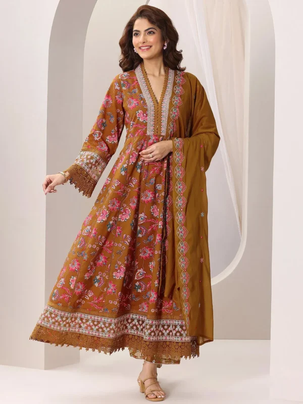 Women Mustard Printed Cotton Anarkali Suit Set with Dupatta