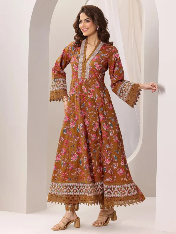 Women Mustard Printed Cotton Anarkali Suit Set with Dupatta - Image 7