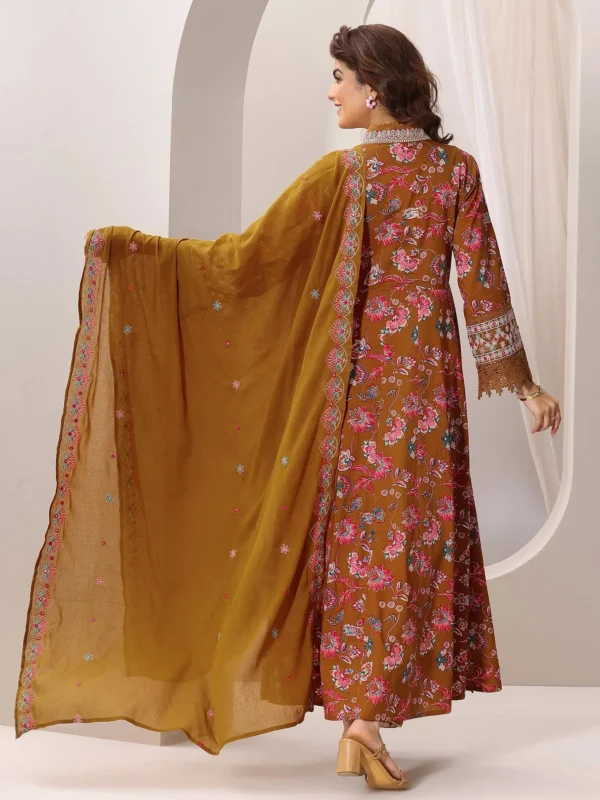 Women Mustard Printed Cotton Anarkali Suit Set with Dupatta - Image 4