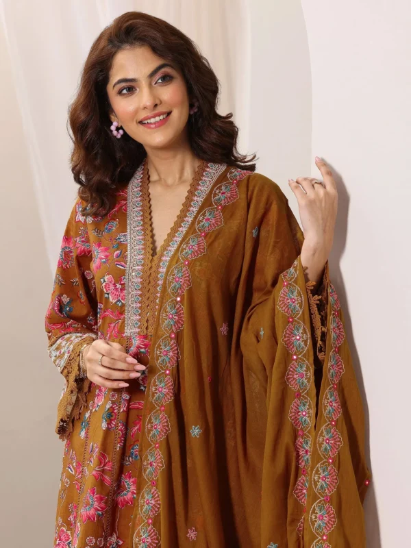 Women Mustard Printed Cotton Anarkali Suit Set with Dupatta - Image 2