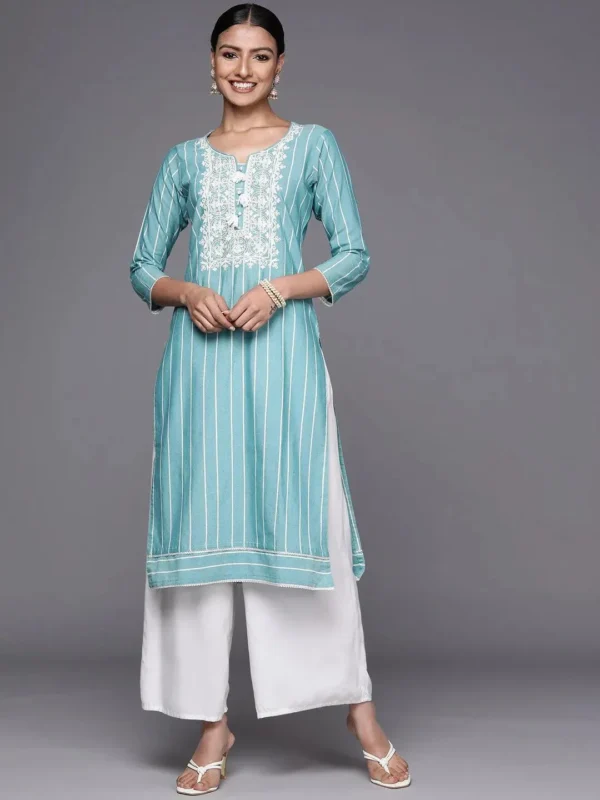 Women Blue Embroidered Cotton Straight Kurta - Image 5