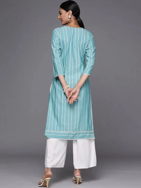 Women Blue Embroidered Cotton Straight Kurta - Image 4