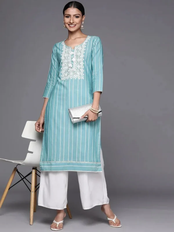 Women Blue Embroidered Cotton Straight Kurta