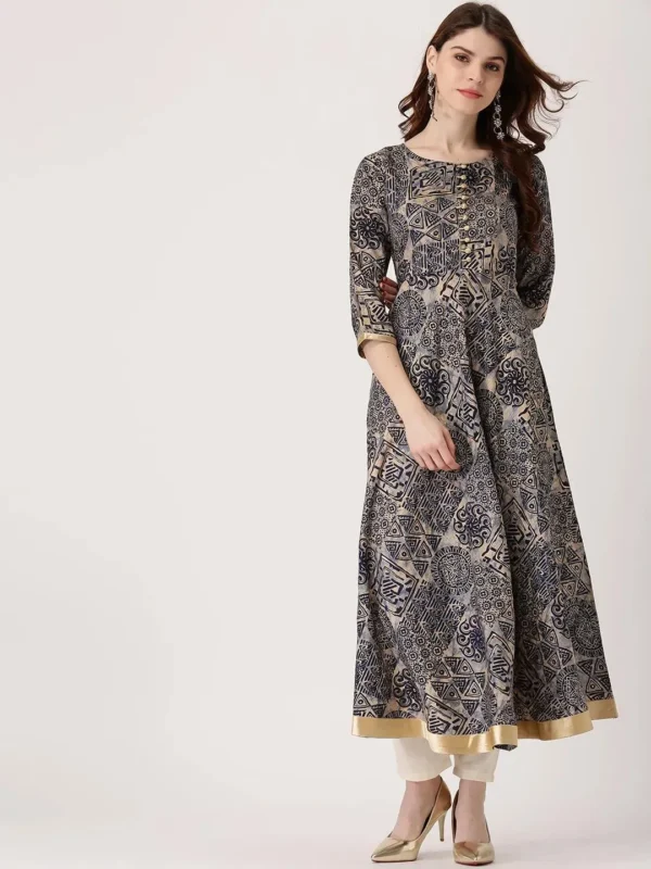 Women Blue Printed Chanderi Silk Kurta