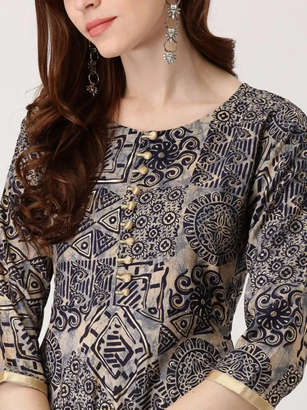 Women Blue Printed Chanderi Silk Kurta - Image 2