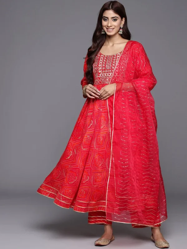 Women Orange Printed Silk Blend Anarkali Suit With Dupatta